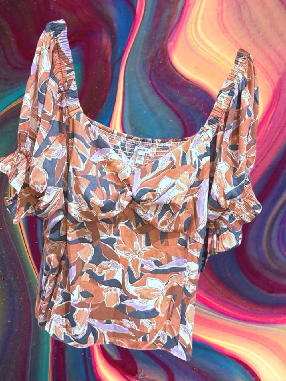 🆕Nine West Women’s plus-size Coral Pink Patterned Puff-sleeve Smocked Blouse💜4X
